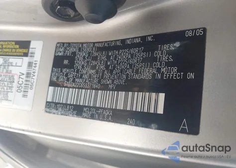 2005 Toyota Sienna Xle Limited z USA, uszkodzony, nr VIN 5TDZA22C65S371840